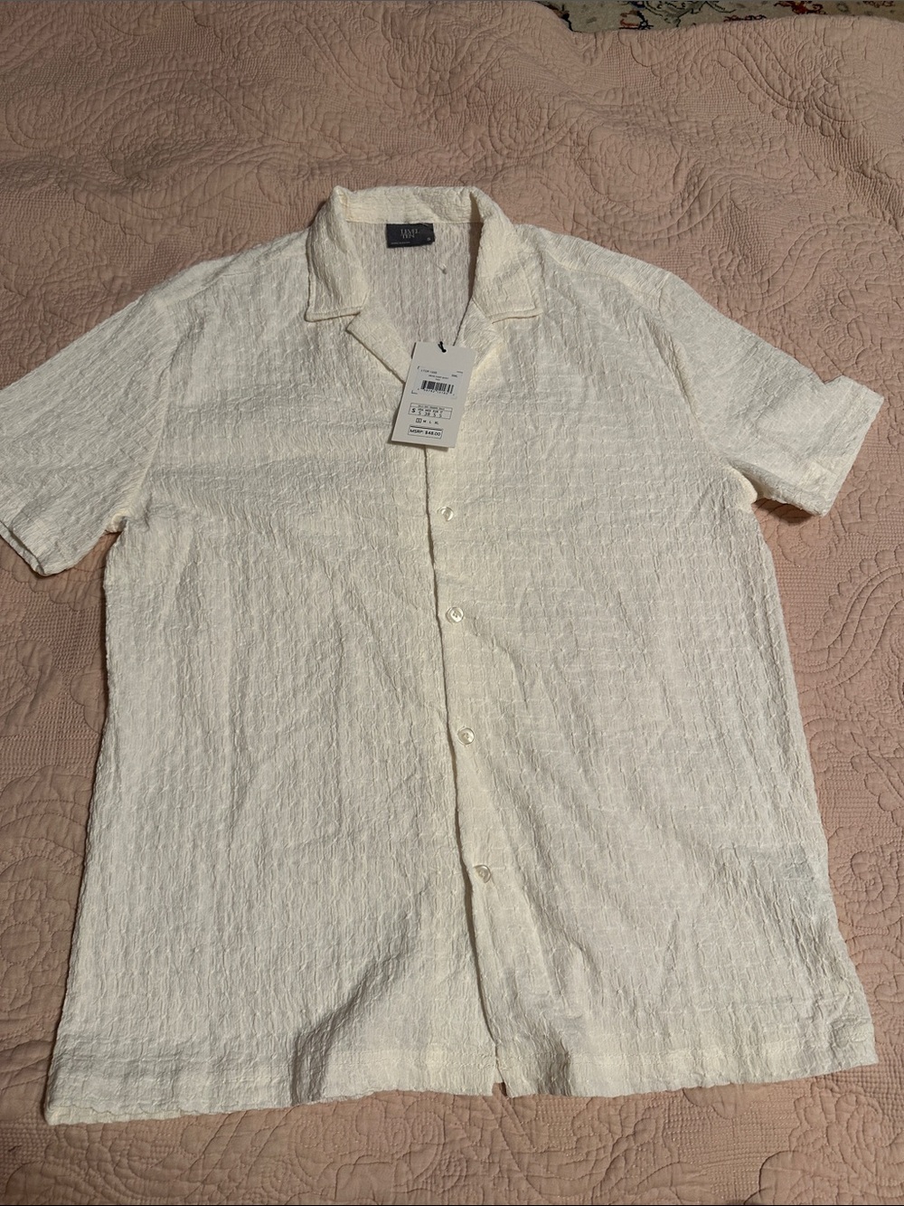 Cream Short-Sleeve Textured Camp-Collar Button Shirt
